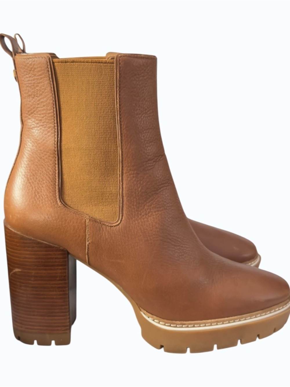 Tory Burch Carson 70mm Chestnut Leather Lug Sole Chelsea Platform Boot Size 10